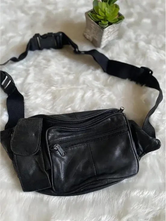 Black Leather Waist Bag with Multiple Zipper Pockets - Picture 2 of 5